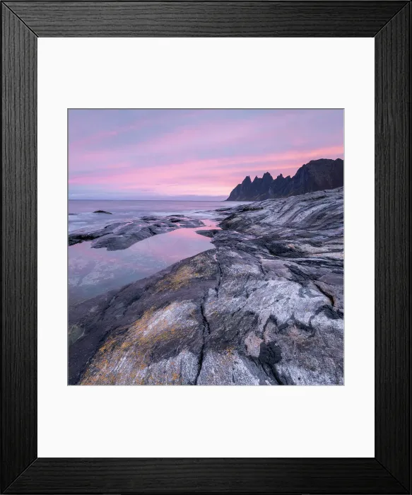 Framed Print : Coastal view at dawn of Devil's Teeth Mountain, Tungeneset, Senja, Troms og Finnmark, Norway, Scandinavia, Europe Framed Print : Coastal view at dawn of Devil's Teeth Mountain, Tungeneset, Senja, Troms og Finnmark, Norway, Scandinavia, Europe