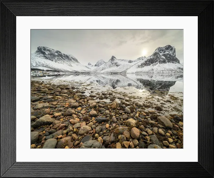 Framed Print : Pebbles and mountain reflections in fjord, Senja, Troms og Finnmark, Norway, Scandinavia, Europe Framed Print : Pebbles and mountain reflections in fjord, Senja, Troms og Finnmark, Norway, Scandinavia, Europe