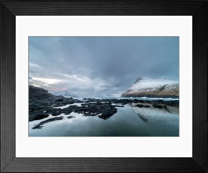 Framed Print : Snow covered mountains and rock pool reflections at low tide, Gjogv village, Eysturoy Island, Faroe Islands, Denmark, Europe Framed Print : Snow covered mountains and rock pool reflections at low tide, Gjogv village, Eysturoy Island, Faroe Islands, Denmark, Europe