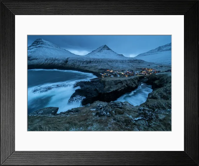 Framed Print : Gjogv village and snow covered mountains at dusk, Gjogv, Eysturoy Island, Faroe Islands, Denmark, Europe Framed Print : Gjogv village and snow covered mountains at dusk, Gjogv, Eysturoy Island, Faroe Islands, Denmark, Europe