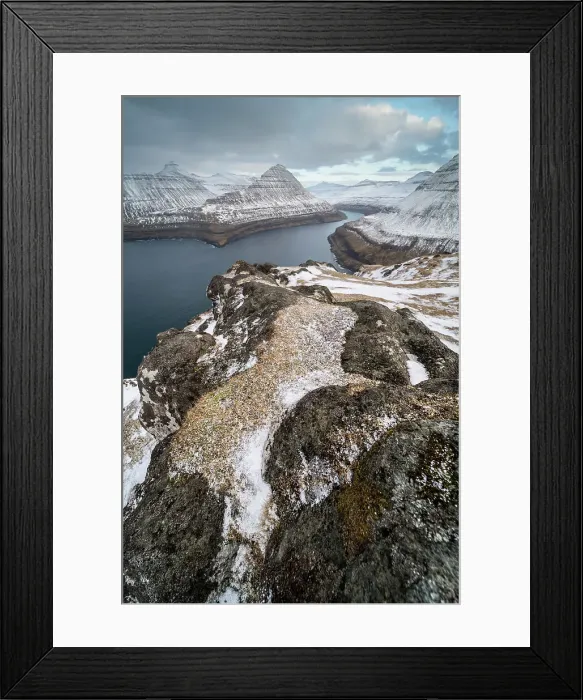 Framed Print : Fjord view and snow covered rocks and mountains, Funningur, Esturoy Island, Faroe Islands, Denmark, Europe Framed Print : Fjord view and snow covered rocks and mountains, Funningur, Esturoy Island, Faroe Islands, Denmark, Europe