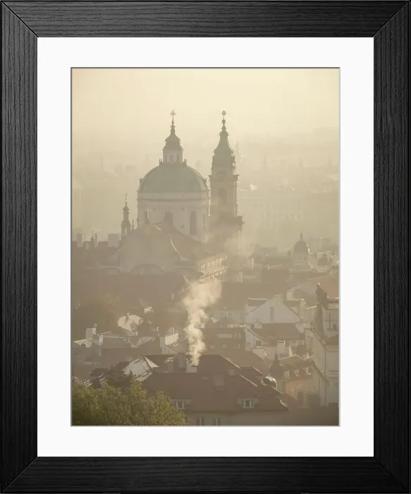 Framed Print : Rooftops and St. Nicholas Church at sunrise from Petrin Hill in autumn, Prague, Czechia (Czech Republic), Europe Framed Print : Rooftops and St. Nicholas Church at sunrise from Petrin Hill in autumn, Prague, Czechia (Czech Republic), Europe