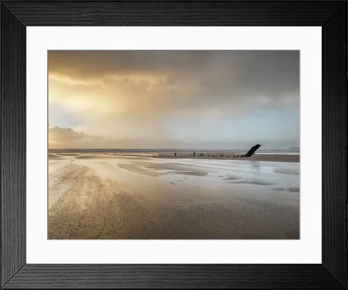 Framed Print : Rain sweeping across Rhossili at sunset showing the shipwreck of the Helvetia, Rhossili, Gower, South Wales, United Kingdom, Europe Framed Print : Rain sweeping across Rhossili at sunset showing the shipwreck of the Helvetia, Rhossili, Gower, South Wales, United Kingdom, Europe
