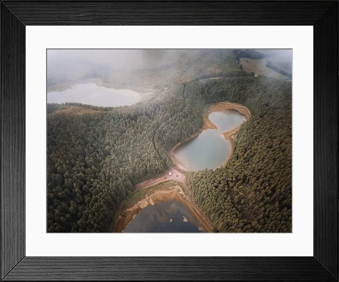 Framed Print : Aerial view of Lagoa Empadadas, Lagoa do Eguas and Lagoa Rasa lakes with low clouds and pine trees forest, Sao Miguel island, Azores islands, Portugal, Atlantic, Europe Framed Print : Aerial view of Lagoa Empadadas, Lagoa do Eguas and Lagoa Rasa lakes with low clouds and pine trees forest, Sao Miguel island, Azores islands, Portugal, Atlantic, Europe
