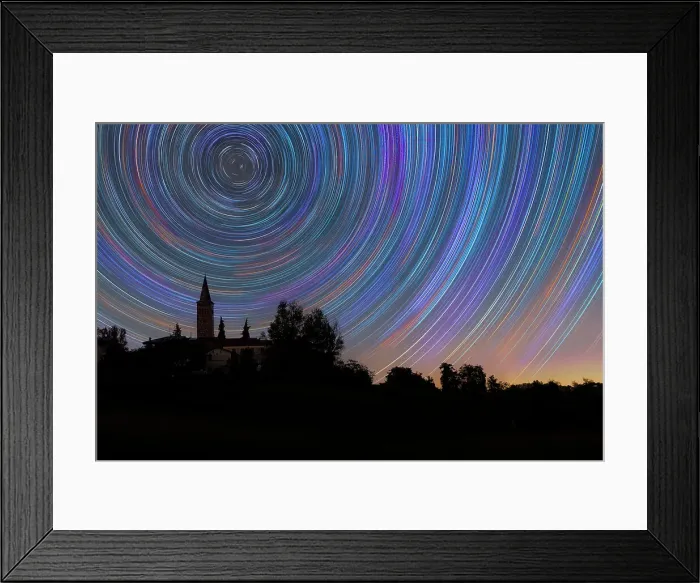 Framed Print : Concentric star trail over a bell tower in the Italian countryside, Emilia Romagna, Italy, Europe Framed Print : Concentric star trail over a bell tower in the Italian countryside, Emilia Romagna, Italy, Europe