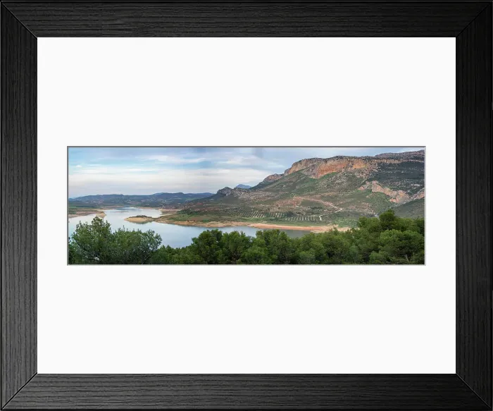 Framed Print : Panorama Landscape of Gobrantes and Guadalhorce water reservoir dam at sunset, Andalusia, Spain, Europe