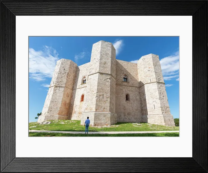 Framed Print : Man admires the octagonal castle of Castel del Monte in a clear sunny day, UNESCO World Heritage Site, Apulia, South of Italy, Italy, Europe Framed Print : Man admires the octagonal castle of Castel del Monte in a clear sunny day, UNESCO World Heritage Site, Apulia, South of Italy, Italy, Europe