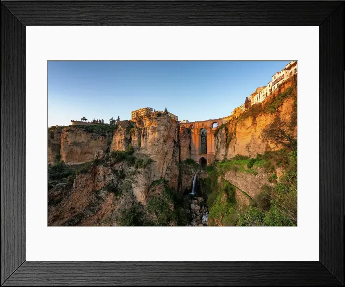 Framed Print : View with beautiful bridge and waterfall and traditional white village, Ronda, Pueblos Blancos, Andalusia, Spain, Europe Framed Print : View with beautiful bridge and waterfall and traditional white village, Ronda, Pueblos Blancos, Andalusia, Spain, Europe