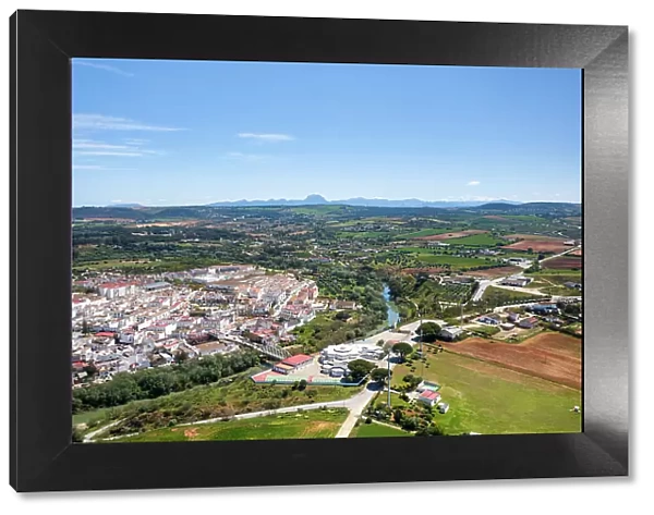 Drone aerial view of Arcos de la Frontera village of the Pueblos Blancos region, Andalusia, Spain, Europe