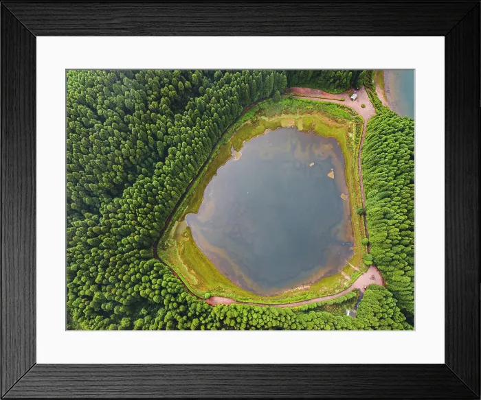 Framed Print : Aerial view of Lagoa Empadadas lake and some pine trees, Sao Miguel island, Azores islands, Portugal, Atlantic, Europe Framed Print : Aerial view of Lagoa Empadadas lake and some pine trees, Sao Miguel island, Azores islands, Portugal, Atlantic, Europe