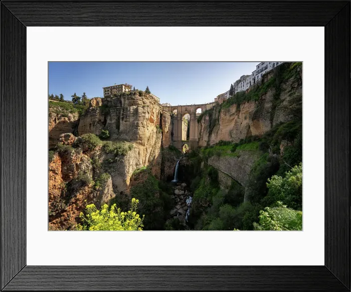 Framed Print : View with beautiful bridge and waterfall, a traditional white village, Ronda, Pueblos Blancos, Andalusia, Spain, Europe
