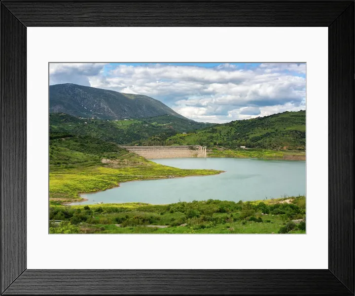 Framed Print : Zahara de la Sierra water reservoir dam with turquoise water and mountains in the background, Andalusia, Spain, Europe Framed Print : Zahara de la Sierra water reservoir dam with turquoise water and mountains in the background, Andalusia, Spain, Europe