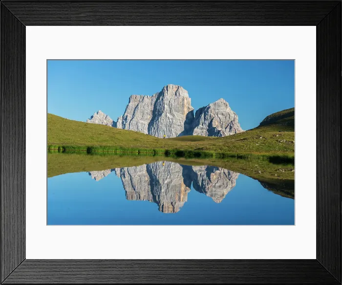 Framed Print : Hiker and Mount Pelmo reflected in the water of Baste Lake on a sunny day, Belluno Dolomites, Belluno province, Veneto, Italy, Europe Framed Print : Hiker and Mount Pelmo reflected in the water of Baste Lake on a sunny day, Belluno Dolomites, Belluno province, Veneto, Italy, Europe
