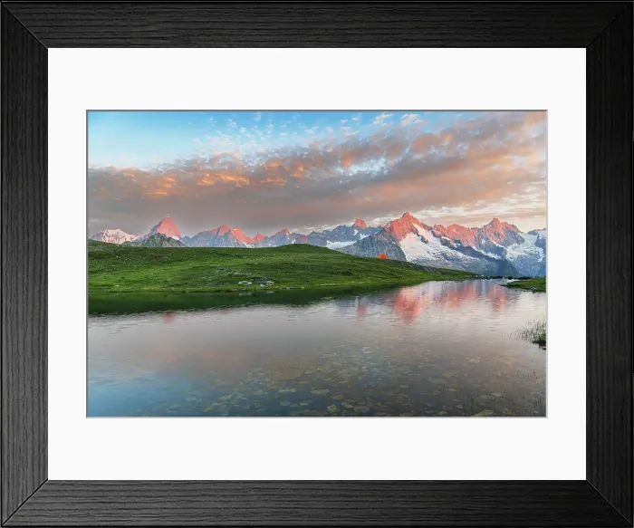 Framed Print : Sunrise view over the shore of Fenetre lake with the massif of Mount Blanc, Fenetre lake, Ferret valley, Valais canton, Col du Grand-Saint-Bernard (St. Bernard mountain pass), Switzerland, Europe