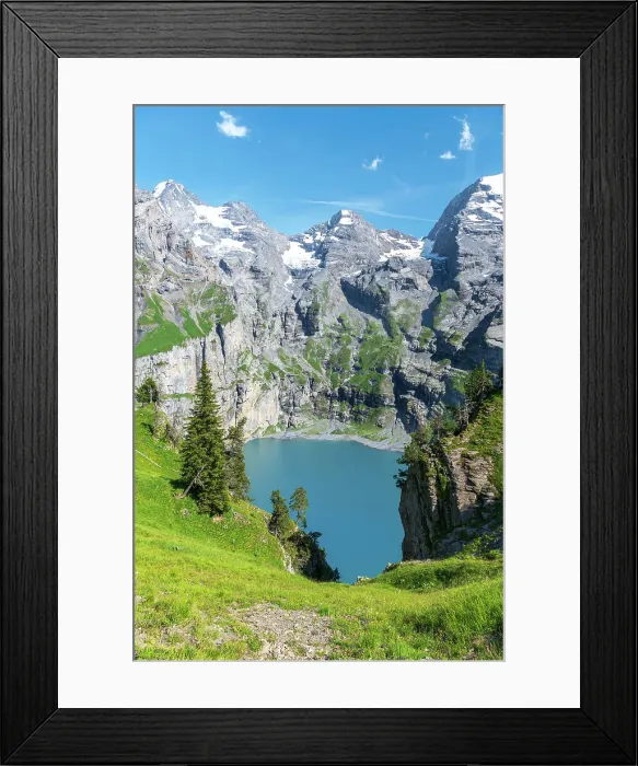 Framed Print : Elevated view of the crystal clear water of Oeschinensee lake, Oeschinensee, Kandersteg, Bern Canton, Switzerland, Europe Framed Print : Elevated view of the crystal clear water of Oeschinensee lake, Oeschinensee, Kandersteg, Bern Canton, Switzerland, Europe