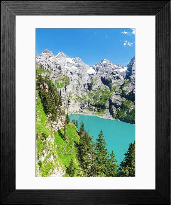 Framed Print : Elevated view of the crystal blue water of the lake of Oeschinensee among pine trees and alpine peaks covered with snow, Oeschinensee, Kandersteg, Bern Canton, Switzerland, Europe Framed Print : Elevated view of the crystal blue water of the lake of Oeschinensee among pine trees and alpine peaks covered with snow, Oeschinensee, Kandersteg, Bern Canton, Switzerland, Europe