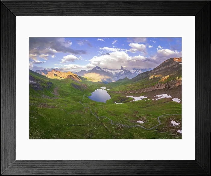 Framed Print : Panoramic aerial view of Bachalpsee with clouds surrounding the Bernese Oberland mountains, Grindelwald, Bern canton, Switzerland, Europe Framed Print : Panoramic aerial view of Bachalpsee with clouds surrounding the Bernese Oberland mountains, Grindelwald, Bern canton, Switzerland, Europe