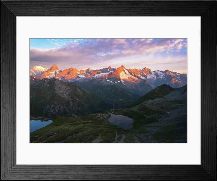 Framed Print : Aerial view of Fenetre lakes and the massif of Mount Blanc at sunrise, Ferret valley, Valais canton, Col du Grand-Saint-Bernard (St. Bernard mountain pass), Switzerland, Europe Framed Print : Aerial view of Fenetre lakes and the massif of Mount Blanc at sunrise, Ferret valley, Valais canton, Col du Grand-Saint-Bernard (St. Bernard mountain pass), Switzerland, Europe