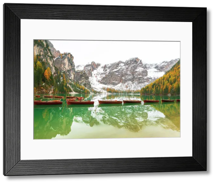 Framed Print : Wooden boats floating on calm waters of Braies lake, autumn view, Braies, South Tyrol, Bozen province, Italy, Europe Framed Print : Wooden boats floating on calm waters of Braies lake, autumn view, Braies, South Tyrol, Bozen province, Italy, Europe