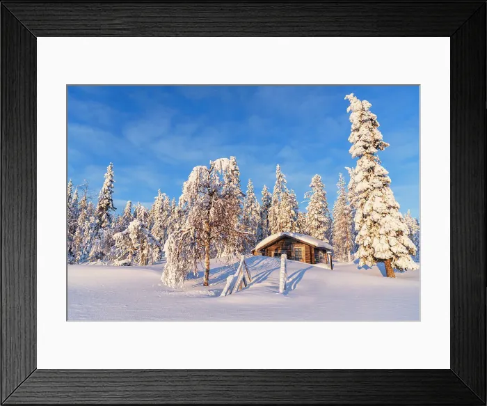 Framed Print : Blue sky over lone cottage among boreal forest covered with ice and snow, Kangos, Norrbotten, Swedish Lapland, Sweden, Scandinavia, Europe Framed Print : Blue sky over lone cottage among boreal forest covered with ice and snow, Kangos, Norrbotten, Swedish Lapland, Sweden, Scandinavia, Europe