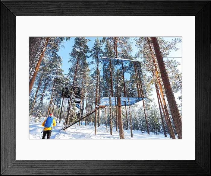 Framed Print : View of a tourist admiring the cube shaped room with mirror wall inside a boreal forest covered with ice and snow, Tree hotel, Harads, Lapland, Sweden, Scandinavia, Europe Framed Print : View of a tourist admiring the cube shaped room with mirror wall inside a boreal forest covered with ice and snow, Tree hotel, Harads, Lapland, Sweden, Scandinavia, Europe