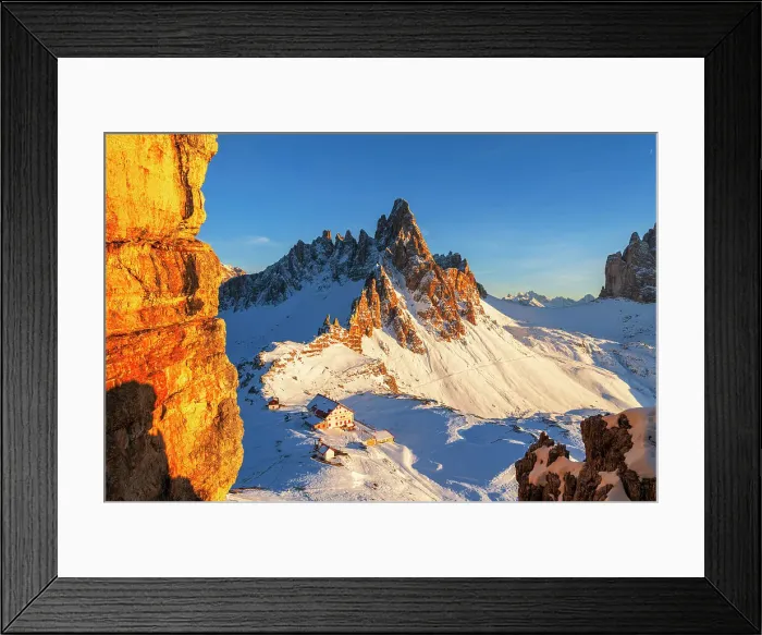 Framed Print : Winter sunset on Paterno mountain and Locatelli hut covered with snow, Tre Cime di Lavaredo (Lavaredo peaks), Sesto (Sexten), Dolomites, South Tyrol, Italy, Europe Framed Print : Winter sunset on Paterno mountain and Locatelli hut covered with snow, Tre Cime di Lavaredo (Lavaredo peaks), Sesto (Sexten), Dolomites, South Tyrol, Italy, Europe