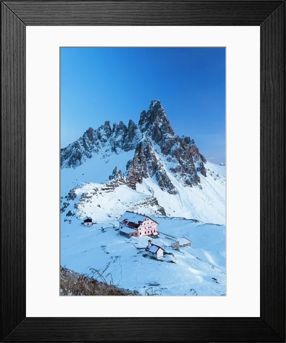 Framed Print : Dusk on Locatelli mountain hut with Paterno mountain in the background, winter view, Tre Cime di Lavaredo (Lavaredo peaks), Sesto (Sexten), Dolomites, South Tyrol, Italy, Europe Framed Print : Dusk on Locatelli mountain hut with Paterno mountain in the background, winter view, Tre Cime di Lavaredo (Lavaredo peaks), Sesto (Sexten), Dolomites, South Tyrol, Italy, Europe