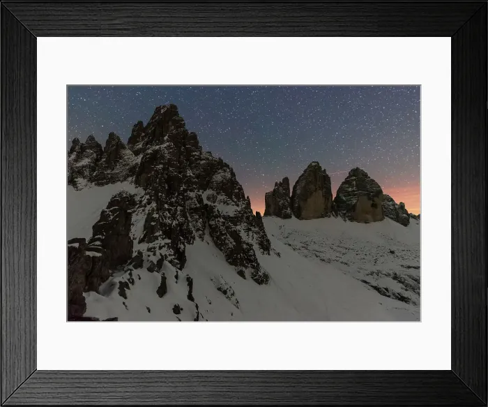 Framed Print : Starry night over Tre Cime di Lavaredo (Lavaredo peaks) and Paterno mountain, winter view, Sesto (Sexten), Dolomites, South Tyrol, Italy, Europe Framed Print : Starry night over Tre Cime di Lavaredo (Lavaredo peaks) and Paterno mountain, winter view, Sesto (Sexten), Dolomites, South Tyrol, Italy, Europe