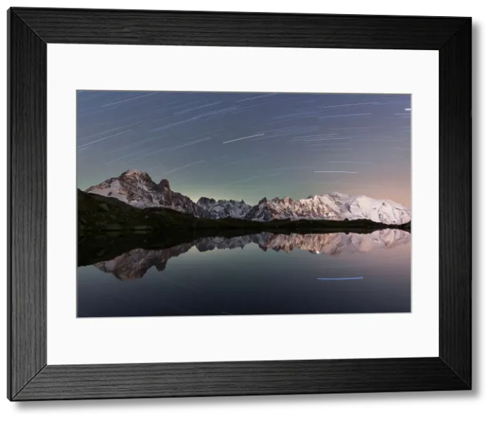 Framed Print : Star trail over Mont Blanc range seen from Lac de Cheserys, Chamonix, French Alps, Haute Savoie, France, Europe Framed Print : Star trail over Mont Blanc range seen from Lac de Cheserys, Chamonix, French Alps, Haute Savoie, France, Europe