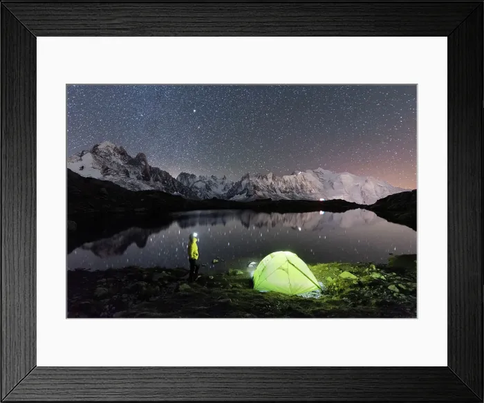 Framed Print : Person admiring the starry sky outside tent pitched on the shore of Cheserys lake surrounded by alpine landscape of Mont Blanc, Chamonix, Haute Savoie, French Alps, France, Europe Framed Print : Person admiring the starry sky outside tent pitched on the shore of Cheserys lake surrounded by alpine landscape of Mont Blanc, Chamonix, Haute Savoie, French Alps, France, Europe