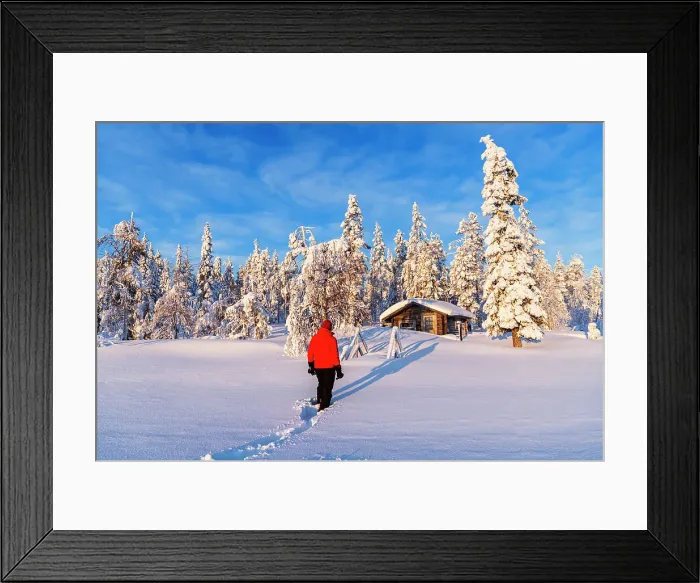 Framed Print : Person stands in front of an isolated mountain hut among trees covered with snow, Swedish Lapland, Norrbotten, Sweden, Scandinavia, Europe Framed Print : Person stands in front of an isolated mountain hut among trees covered with snow, Swedish Lapland, Norrbotten, Sweden, Scandinavia, Europe