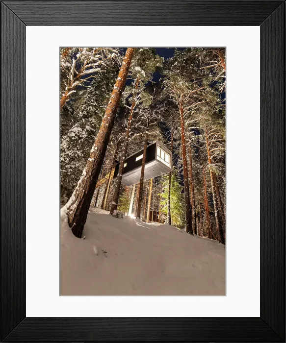 Framed Print : View from below of a hotel room shaped like a capsule on top of trees covered with snow, night view, Tree hotel, Harads, Lapland, Sweden, Scandinavia, Europe Framed Print : View from below of a hotel room shaped like a capsule on top of trees covered with snow, night view, Tree hotel, Harads, Lapland, Sweden, Scandinavia, Europe