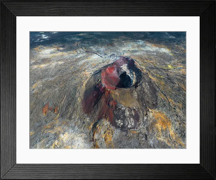 Framed Print : Aerial view of volcanic cone in the eruption area near to Reykjavik, Icelandic southern coast, Iceland, Polar Regions Framed Print : Aerial view of volcanic cone in the eruption area near to Reykjavik, Icelandic southern coast, Iceland, Polar Regions