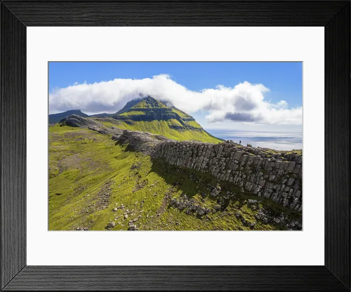 Framed Print : One person hikes the ridge toward the Skaelingsfjall mountain, Streymoy island, Faroe islands, Denmark, Europe