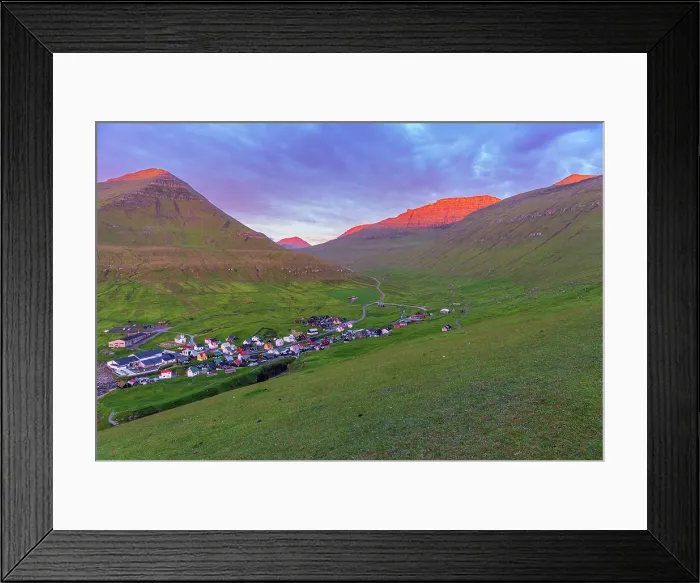 Framed Print : Early morning on Gjogv village with the mountain peaks lit by the sun, Eysturoy island, Faroe islands, Denmark, Europe Framed Print : Early morning on Gjogv village with the mountain peaks lit by the sun, Eysturoy island, Faroe islands, Denmark, Europe