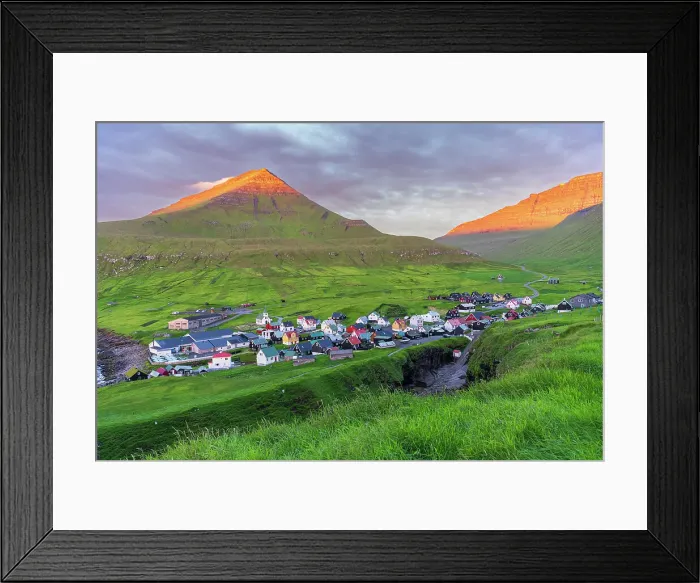 Framed Print : Colorful houses of the village of Gjogv with the mounatins lit by the early sun, sunrise view, Eysturoy island, Faroe islands, Denmark, Europe Framed Print : Colorful houses of the village of Gjogv with the mounatins lit by the early sun, sunrise view, Eysturoy island, Faroe islands, Denmark, Europe