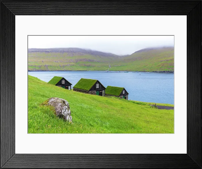 Framed Print : Houses with turf roofs, Bour village, Vagar island, Faroe islands, Denmark, Europe Framed Print : Houses with turf roofs, Bour village, Vagar island, Faroe islands, Denmark, Europe
