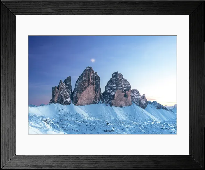 Framed Print : Moon above Tre Cime di Lavaredo at dusk, winter time, Tre Cime di Lavaredo (Lavaredo peaks) (Drei Zinnen), Sesto (Sexten), Dolomites, South Tyrol, Italy, Europe Framed Print : Moon above Tre Cime di Lavaredo at dusk, winter time, Tre Cime di Lavaredo (Lavaredo peaks) (Drei Zinnen), Sesto (Sexten), Dolomites, South Tyrol, Italy, Europe