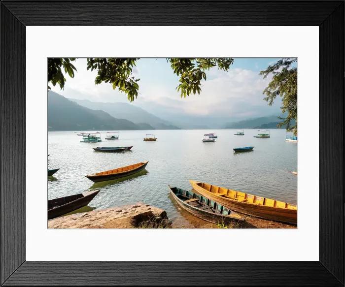 Framed Print : Colourful boats in front of Himalayan peaks on Lake Pokhara in Pokhara, Nepal, Asia Framed Print : Colourful boats in front of Himalayan peaks on Lake Pokhara in Pokhara, Nepal, Asia