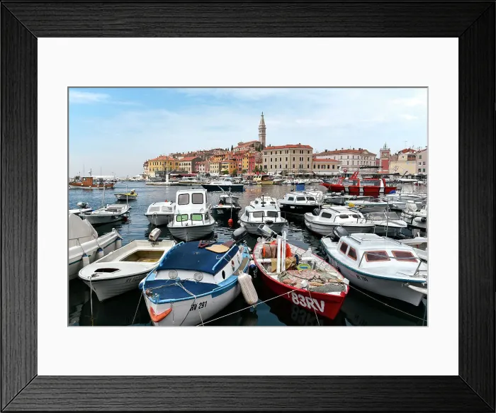 Framed Print : Boats in the harbor overlooking the old town of Rovinj, Croatia, Europe Framed Print : Boats in the harbor overlooking the old town of Rovinj, Croatia, Europe