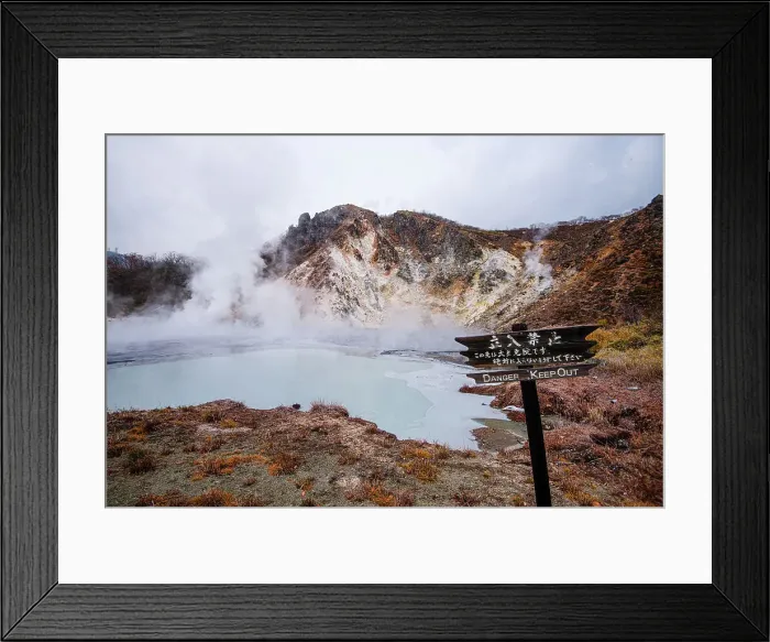 Framed Print : Danger sign in front of volcanic field and steaming pond in Noboribetsu, Hell Valley, Hokkaido, Japan, Asia Framed Print : Danger sign in front of volcanic field and steaming pond in Noboribetsu, Hell Valley, Hokkaido, Japan, Asia