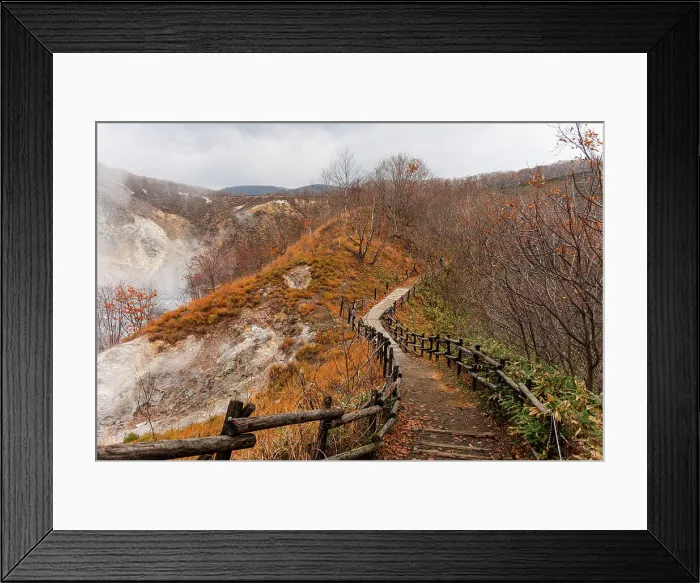 Framed Print : Walking path leading through autumal forest with steaming volcanic valley of Noboribetsu on the left, Hokkaido, Japan, Asia Framed Print : Walking path leading through autumal forest with steaming volcanic valley of Noboribetsu on the left, Hokkaido, Japan, Asia
