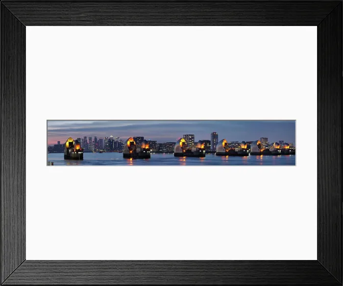 Framed Print : Thames Barrier dusk panorama with Canary Wharf beyond, London, England, United Kingdom, Europe