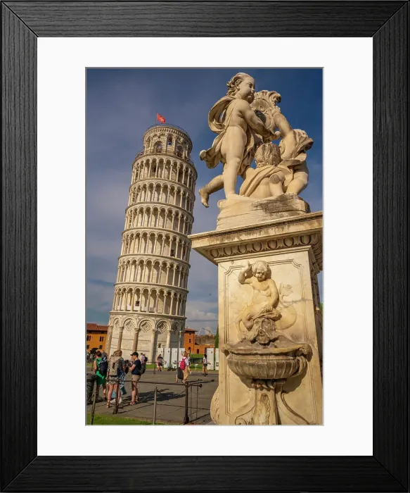 Framed Print : View of Fontana dei Putti and Leaning Tower of Pisa, UNESCO World Heritage Site, Pisa, Province of Pisa, Tuscany, Italy, Europe