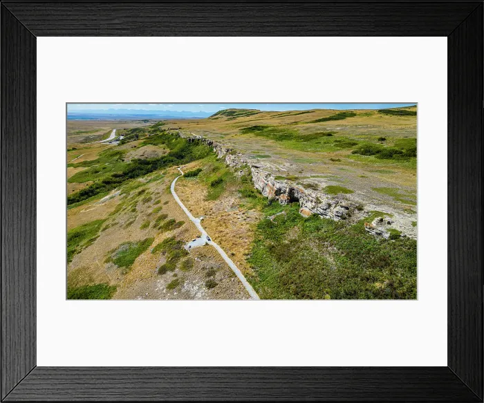 Framed Print : Aerial of the Head Smashed in Buffalo Jump, UNESCO World Heritage Site, Alberta, Canada, North America Framed Print : Aerial of the Head Smashed in Buffalo Jump, UNESCO World Heritage Site, Alberta, Canada, North America