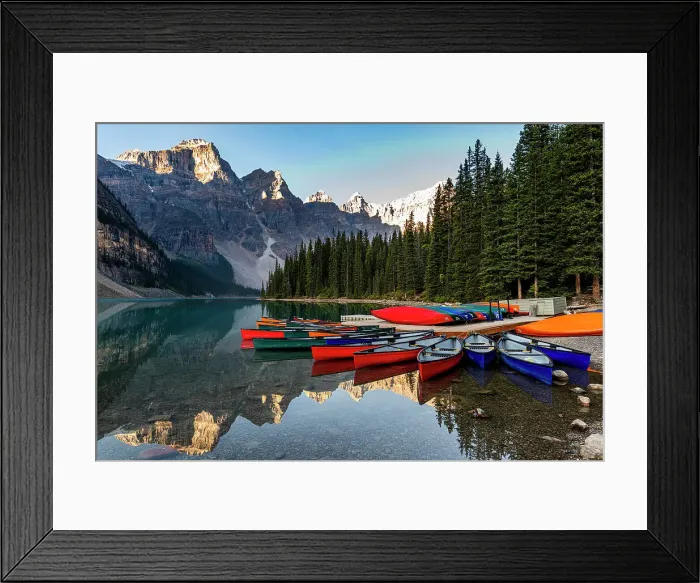 Framed Print : Canoes at sunrise at Lake Moraine, Banff National Park, UNESCO World Heritage Site, Alberta, Rocky Mountains, Canada, North America Framed Print : Canoes at sunrise at Lake Moraine, Banff National Park, UNESCO World Heritage Site, Alberta, Rocky Mountains, Canada, North America