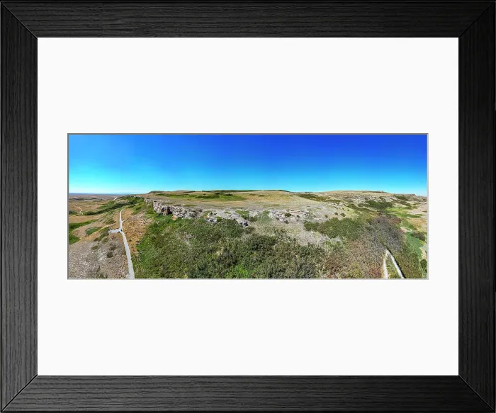 Framed Print : Aerial of the Head Smashed in Buffalo Jump, UNESCO World Heritage Site, Alberta, Canada, North America Framed Print : Aerial of the Head Smashed in Buffalo Jump, UNESCO World Heritage Site, Alberta, Canada, North America