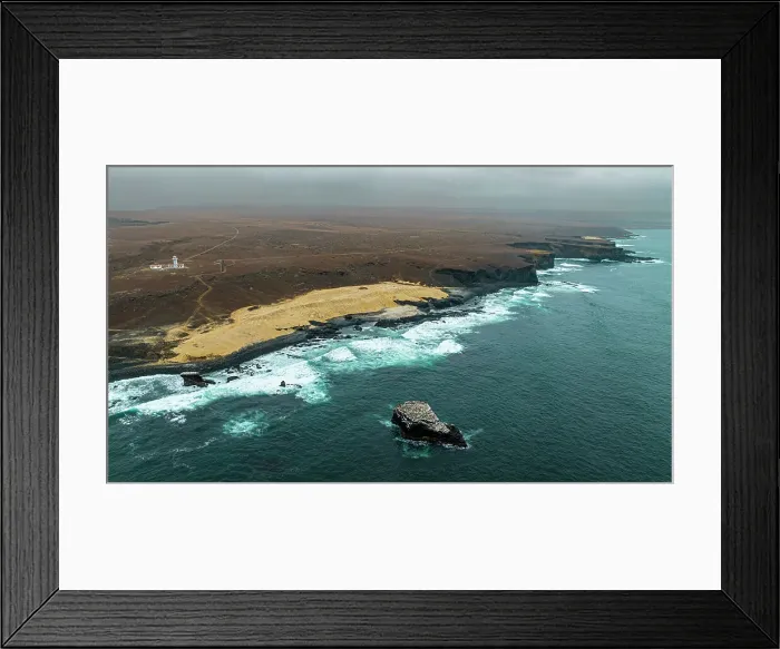 Framed Print : Aerial of the wild coastline with basalt pools on the Atlantic coastline, Dombe Grande, Namibre, Angola, Africa