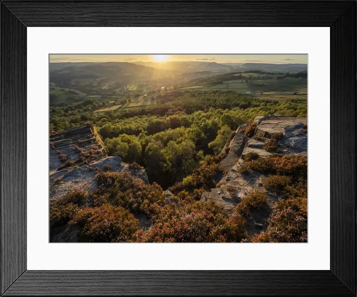 Framed Print : View looking towards Hathersage and Hope Valley in evening sunlight from Millstone Edge with blooming heather, Peak District National Park, Derbyshire, England, United Kingdom, Europe Framed Print : View looking towards Hathersage and Hope Valley in evening sunlight from Millstone Edge with blooming heather, Peak District National Park, Derbyshire, England, United Kingdom, Europe