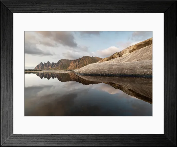 Framed Print : Reflections of clouds, rocks and Devil's Teeth Mountain in evening sunlight, Tungeneset, Senja, Norway, Scandinavia, Europe Framed Print : Reflections of clouds, rocks and Devil's Teeth Mountain in evening sunlight, Tungeneset, Senja, Norway, Scandinavia, Europe